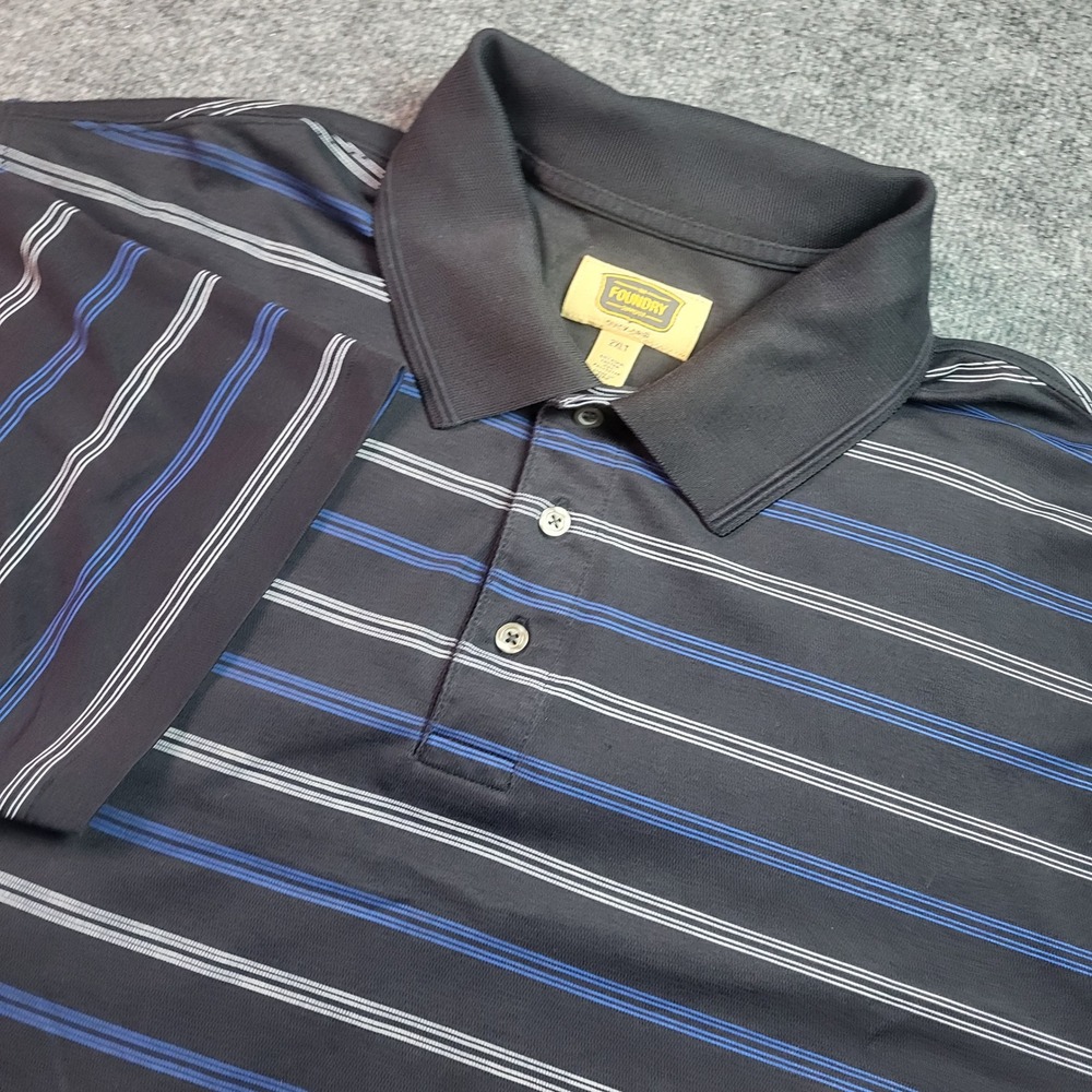 The Foundry Supply Co Mens 2XLT Black Blue Striped Pima Cotton Polo Shirt